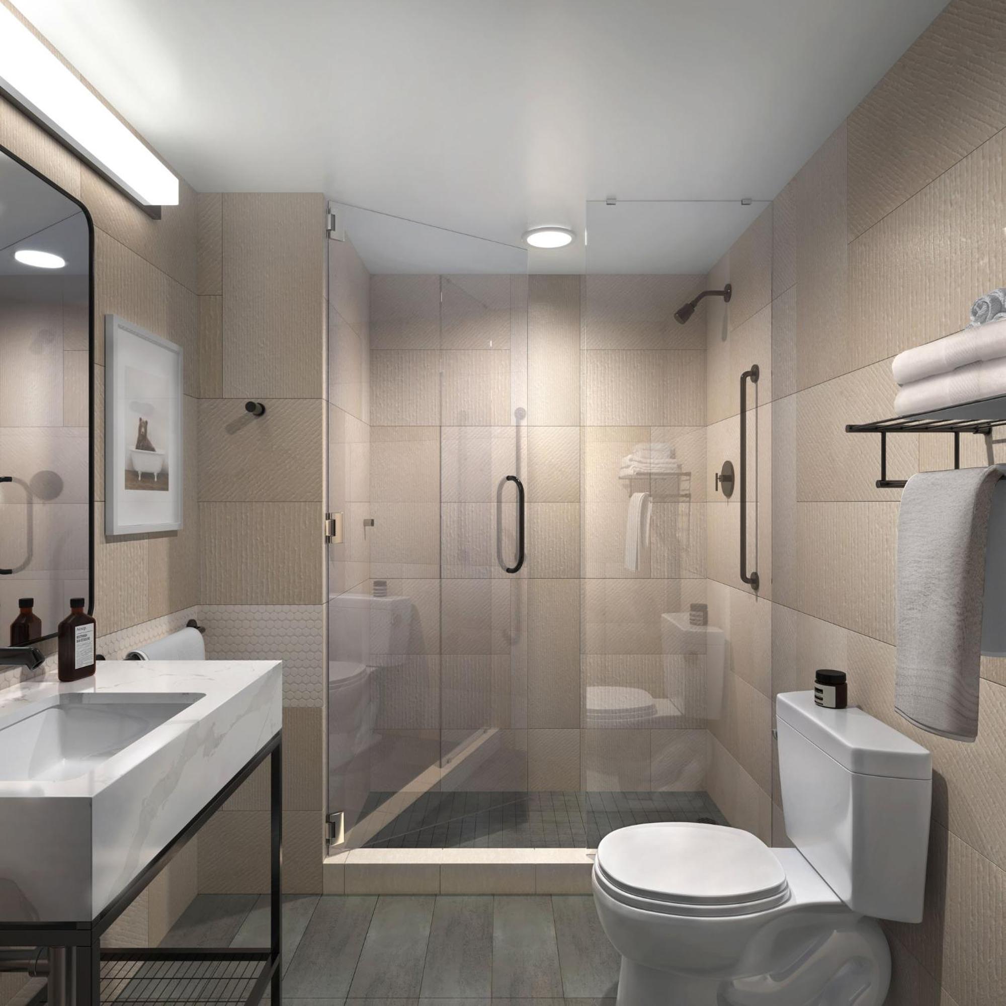 Quarto premium completo com vista da cidade
